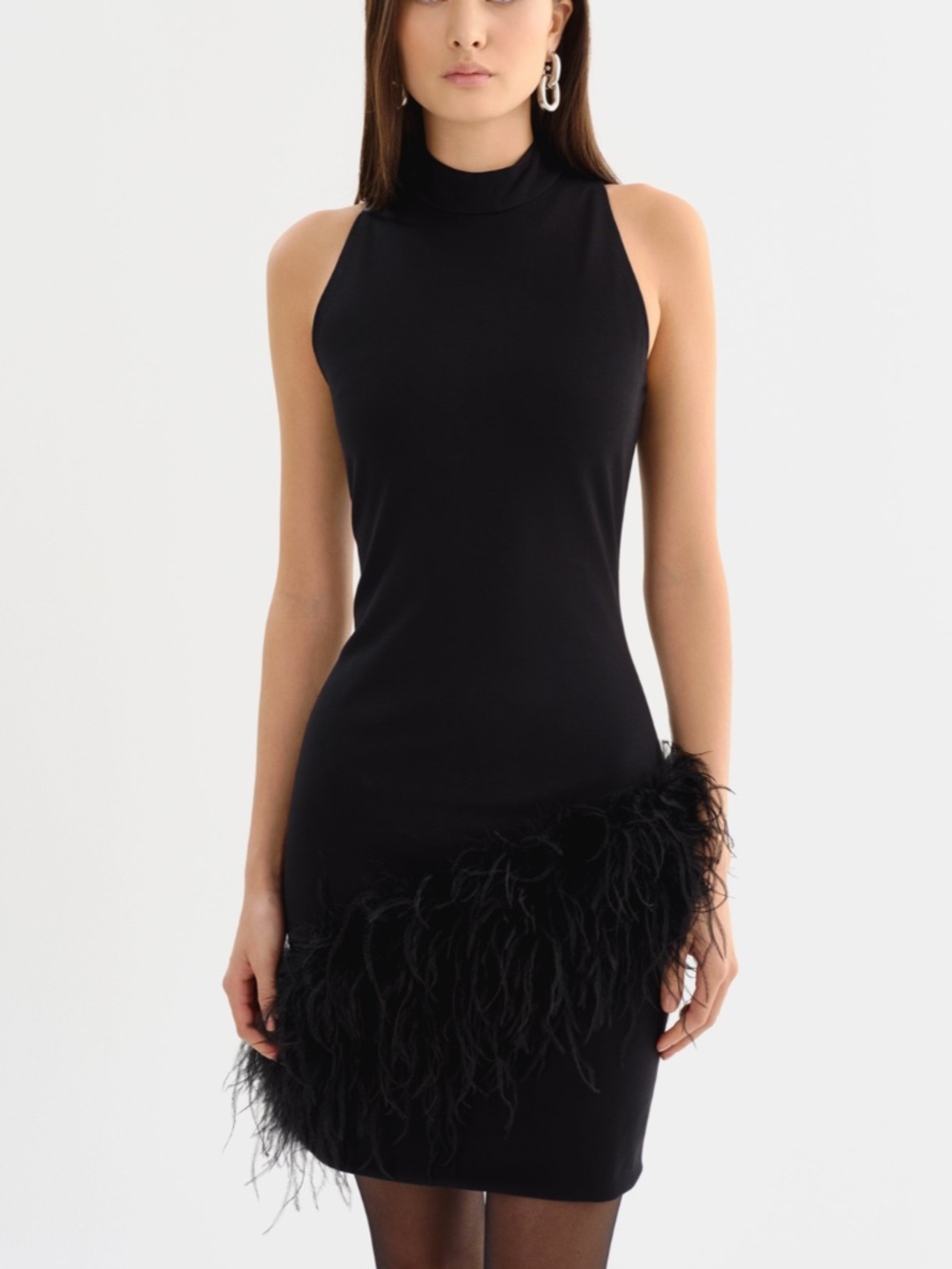 LAMARQUE Black Ostrich Feather Mock Neck Dress - Picture 2 of 5